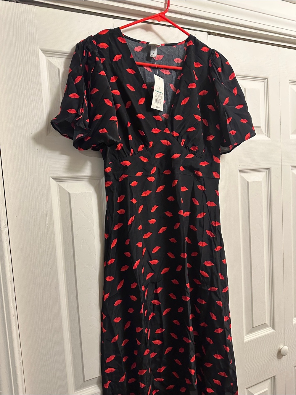 a new day Black Midi Dress with Red Lip Print Pattern